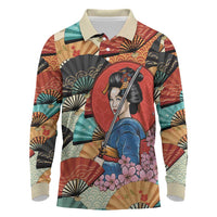 Japanese Geisha Katana Long Sleeve Polo Shirt Japan Sensu Seigaiha Pattern - Wonder Print Shop