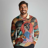 Japanese Geisha Katana Long Sleeve Polo Shirt Japan Sensu Seigaiha Pattern - Wonder Print Shop