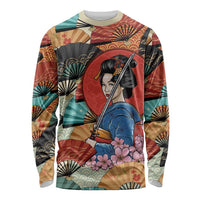 Japanese Geisha Katana Long Sleeve Shirt Japan Sensu Seigaiha Pattern - Wonder Print Shop