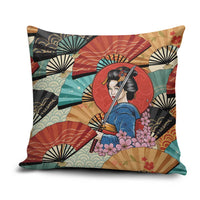 Japanese Geisha Katana Pillow Cover Japan Sensu Seigaiha Pattern - Wonder Print Shop