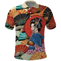 Japanese Geisha Katana Polo Shirt Japan Sensu Seigaiha Pattern - Wonder Print Shop