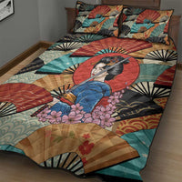 Japanese Geisha Katana Quilt Bed Set Japan Sensu Seigaiha Pattern - Wonder Print Shop