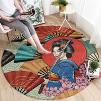 Japanese Geisha Katana Round Carpet Japan Sensu Seigaiha Pattern - Wonder Print Shop