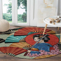 Japanese Geisha Katana Round Carpet Japan Sensu Seigaiha Pattern - Wonder Print Shop
