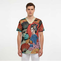 Japanese Geisha Katana Scrub Top Japan Sensu Seigaiha Pattern - Wonder Print Shop