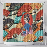 Japanese Geisha Katana Shower Curtain Japan Sensu Seigaiha Pattern - Wonder Print Shop