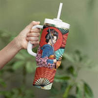 Japanese Geisha Katana Tumbler With Handle Japan Sensu Seigaiha Pattern - Wonder Print Shop