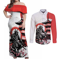 Japanese Samurai Warrior Enso Couples Matching Off Shoulder Maxi Dress and Long Sleeve Button Shirt Japan Pagoda Sakura Watercolor - Wonder Print Shop