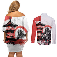 Japanese Samurai Warrior Enso Couples Matching Off Shoulder Short Dress and Long Sleeve Button Shirt Japan Pagoda Sakura Watercolor - Wonder Print Shop