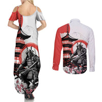 Japanese Samurai Warrior Enso Couples Matching Summer Maxi Dress and Long Sleeve Button Shirt Japan Pagoda Sakura Watercolor - Wonder Print Shop