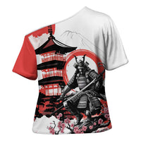Japanese Samurai Warrior Enso Cross Shoulder Shirt Japan Pagoda Sakura Watercolor - Wonder Print Shop
