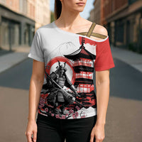 Japanese Samurai Warrior Enso Cross Shoulder Shirt Japan Pagoda Sakura Watercolor - Wonder Print Shop