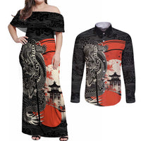 Japanese Dragon Katana Enso Couples Matching Off Shoulder Maxi Dress and Long Sleeve Button Shirt Japan Pagoda Seamless Cloud - Wonder Print Shop