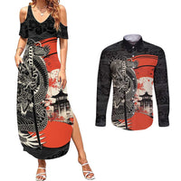 Japanese Dragon Katana Enso Couples Matching Summer Maxi Dress and Long Sleeve Button Shirt Japan Pagoda Seamless Cloud - Wonder Print Shop