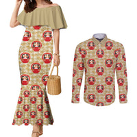 Japanese Daruma Doll Couples Matching Mermaid Dress and Long Sleeve Button Shirt Palaka With Seamless Bamboo Pattern - Wonder Print Shop