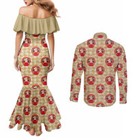 Japanese Daruma Doll Couples Matching Mermaid Dress and Long Sleeve Button Shirt Palaka With Seamless Bamboo Pattern - Wonder Print Shop