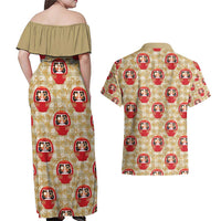 Japanese Daruma Doll Couples Matching Off Shoulder Maxi Dress and Hawaiian Shirt Palaka With Seamless Bamboo Pattern - Wonder Print Shop
