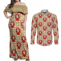 Japanese Daruma Doll Couples Matching Off Shoulder Maxi Dress and Long Sleeve Button Shirt Palaka With Seamless Bamboo Pattern - Wonder Print Shop