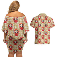 Japanese Daruma Doll Couples Matching Off Shoulder Short Dress and Hawaiian Shirt Palaka With Seamless Bamboo Pattern - Wonder Print Shop