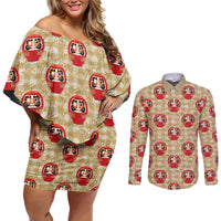 Japanese Daruma Doll Couples Matching Off Shoulder Short Dress and Long Sleeve Button Shirt Palaka With Seamless Bamboo Pattern - Wonder Print Shop