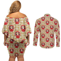 Japanese Daruma Doll Couples Matching Off Shoulder Short Dress and Long Sleeve Button Shirt Palaka With Seamless Bamboo Pattern - Wonder Print Shop