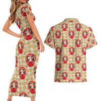 Japanese Daruma Doll Couples Matching Short Sleeve Bodycon Dress and Hawaiian Shirt Palaka With Seamless Bamboo Pattern - Wonder Print Shop