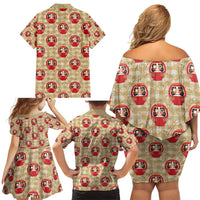 Japanese Daruma Doll Family Matching Off Shoulder Short Dress and Hawaiian Shirt Palaka With Seamless Bamboo Pattern - Wonder Print Shop