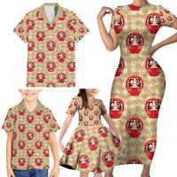 Japanese Daruma Doll Family Matching Short Sleeve Bodycon Dress and Hawaiian Shirt Palaka With Seamless Bamboo Pattern - Wonder Print Shop