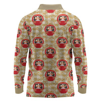 Japanese Daruma Doll Long Sleeve Polo Shirt Palaka With Seamless Bamboo Pattern - Wonder Print Shop