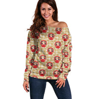 Japanese Daruma Doll Off Shoulder Sweater Palaka With Seamless Bamboo Pattern - Wonder Print Shop