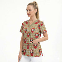 Japanese Daruma Doll Scrub Top Palaka With Seamless Bamboo Pattern - Wonder Print Shop
