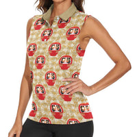 Japanese Daruma Doll Women Sleeveless Polo Shirt Palaka With Seamless Bamboo Pattern - Wonder Print Shop