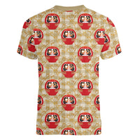Japanese Daruma Doll Women V-Neck T-Shirt Palaka With Seamless Bamboo Pattern - Wonder Print Shop
