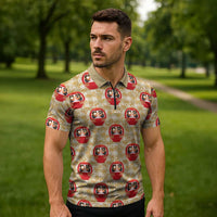 Japanese Daruma Doll Zipper Polo Shirt Palaka With Seamless Bamboo Pattern - Wonder Print Shop