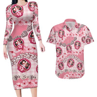 Japanese Daruma Doll Palaka Couples Matching Long Sleeve Bodycon Dress and Hawaiian Shirt Cherry Blossoms With Shell Lei - Wonder Print Shop