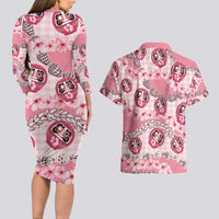 Japanese Daruma Doll Palaka Couples Matching Long Sleeve Bodycon Dress and Hawaiian Shirt Cherry Blossoms With Shell Lei - Wonder Print Shop
