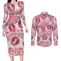 Japanese Daruma Doll Palaka Couples Matching Long Sleeve Bodycon Dress and Long Sleeve Button Shirt Cherry Blossoms With Shell Lei - Wonder Print Shop