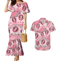 Japanese Daruma Doll Palaka Couples Matching Mermaid Dress and Hawaiian Shirt Cherry Blossoms With Shell Lei - Wonder Print Shop