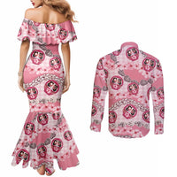 Japanese Daruma Doll Palaka Couples Matching Mermaid Dress and Long Sleeve Button Shirt Cherry Blossoms With Shell Lei - Wonder Print Shop