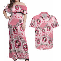 Japanese Daruma Doll Palaka Couples Matching Off Shoulder Maxi Dress and Hawaiian Shirt Cherry Blossoms With Shell Lei - Wonder Print Shop