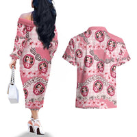 Japanese Daruma Doll Palaka Couples Matching Off The Shoulder Long Sleeve Dress and Hawaiian Shirt Cherry Blossoms With Shell Lei - Wonder Print Shop