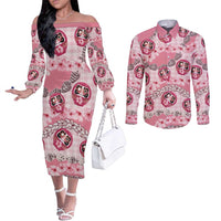 Japanese Daruma Doll Palaka Couples Matching Off The Shoulder Long Sleeve Dress and Long Sleeve Button Shirt Cherry Blossoms With Shell Lei - Wonder Print Shop