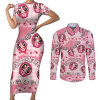 Japanese Daruma Doll Palaka Couples Matching Short Sleeve Bodycon Dress and Long Sleeve Button Shirt Cherry Blossoms With Shell Lei - Wonder Print Shop