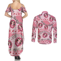 Japanese Daruma Doll Palaka Couples Matching Summer Maxi Dress and Long Sleeve Button Shirt Cherry Blossoms With Shell Lei - Wonder Print Shop