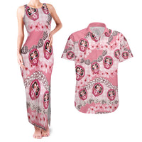 Japanese Daruma Doll Palaka Couples Matching Tank Maxi Dress and Hawaiian Shirt Cherry Blossoms With Shell Lei - Wonder Print Shop