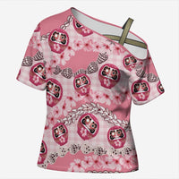 Japanese Daruma Doll Palaka Cross Shoulder Shirt Cherry Blossoms With Shell Lei - Wonder Print Shop