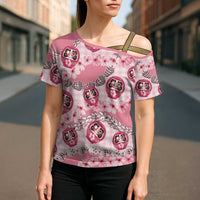 Japanese Daruma Doll Palaka Cross Shoulder Shirt Cherry Blossoms With Shell Lei - Wonder Print Shop