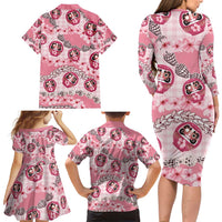 Japanese Daruma Doll Palaka Family Matching Long Sleeve Bodycon Dress and Hawaiian Shirt Cherry Blossoms With Shell Lei - Wonder Print Shop