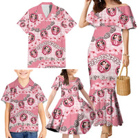 Japanese Daruma Doll Palaka Family Matching Mermaid Dress and Hawaiian Shirt Cherry Blossoms With Shell Lei - Wonder Print Shop