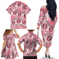 Japanese Daruma Doll Palaka Family Matching Off The Shoulder Long Sleeve Dress and Hawaiian Shirt Cherry Blossoms With Shell Lei - Wonder Print Shop